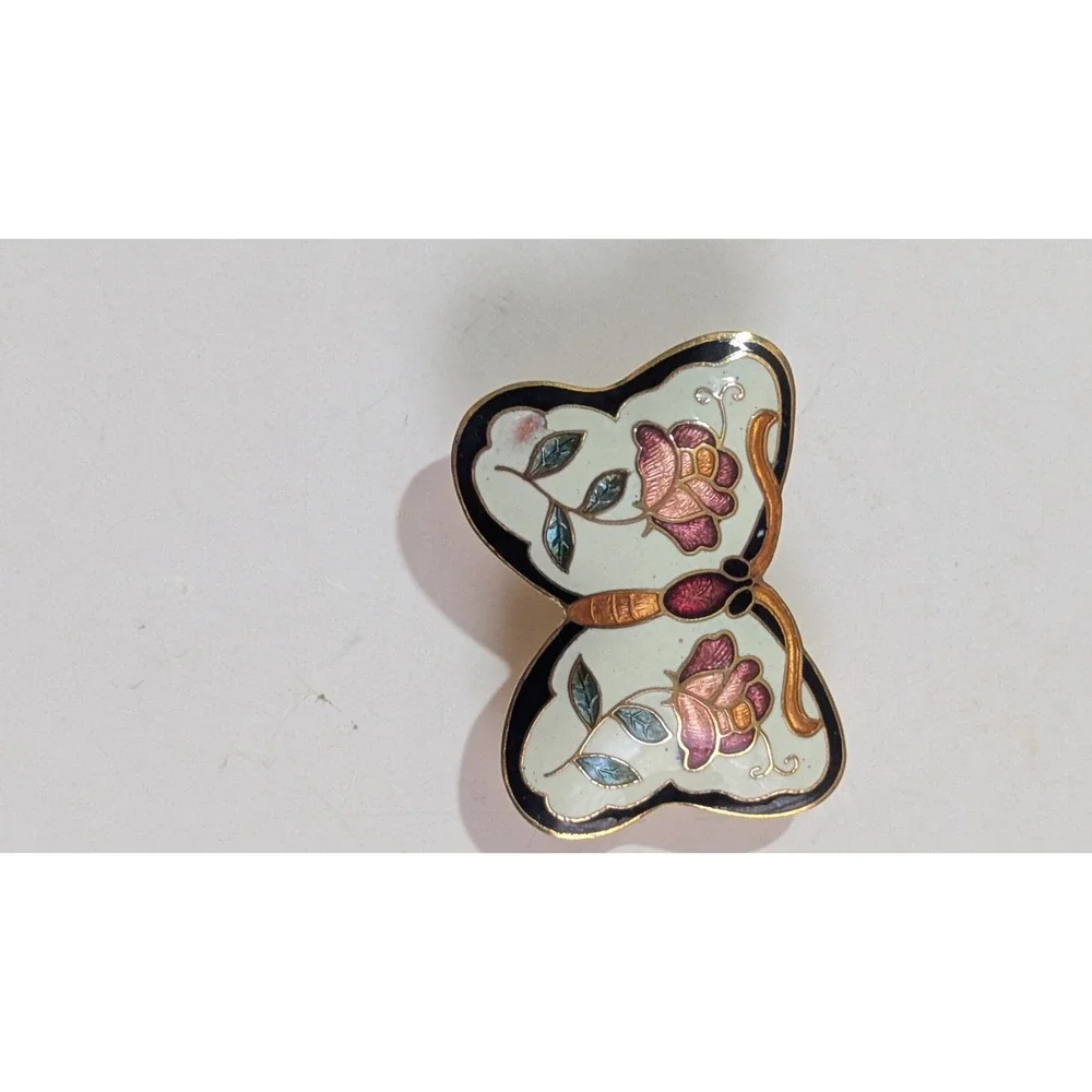 vtg Cloisonne Enamel Butterfly Scarf Clip Gold Tone Pink Rose Floral Accessory‎